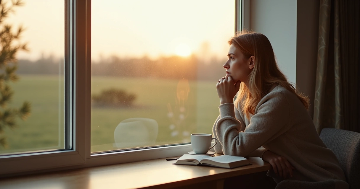 Pessoa sentada olhando pela janela e refletindo 