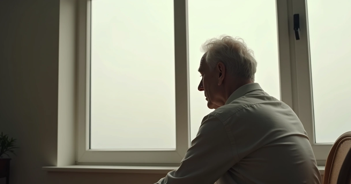 Pessoa olhando pela janela, ambiente calmo, expressão pensativa 