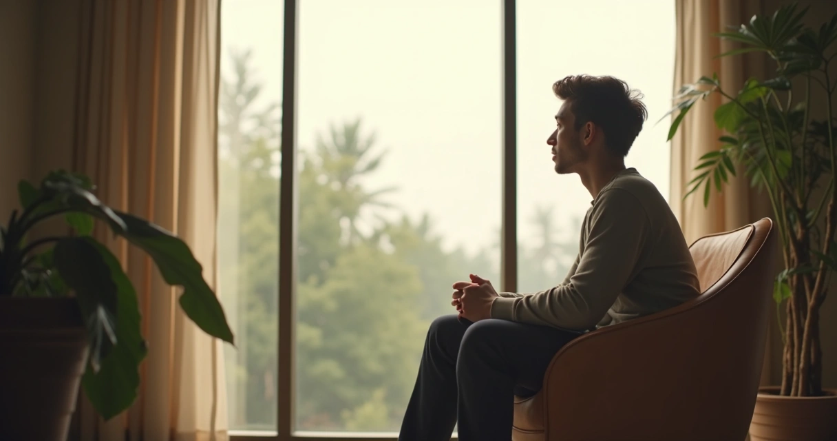 Pessoa sentada olhando pela janela, pensando