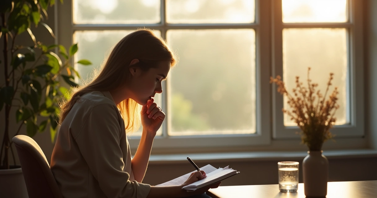 Pessoa sentada perto de janela, com olhar pensativo 