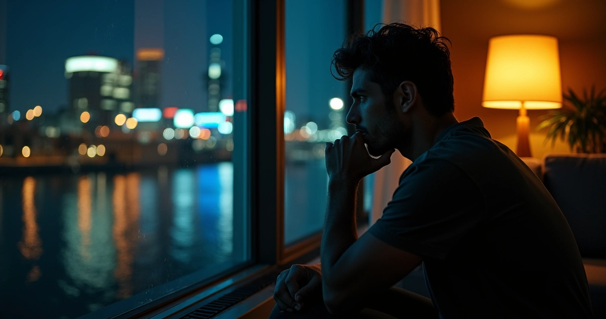 Pessoa olhando pela janela à noite, com expressão pensativa 