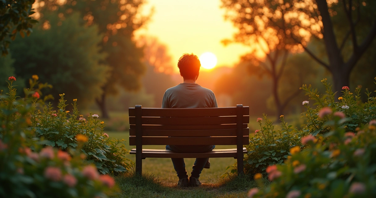 Pessoa sentada em um jardim pensativo olhando o horizonte 