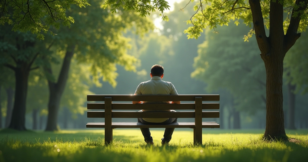 Pessoa sentada sozinha em um banco de jardim cercada por natureza, refletindo em silêncio. 
