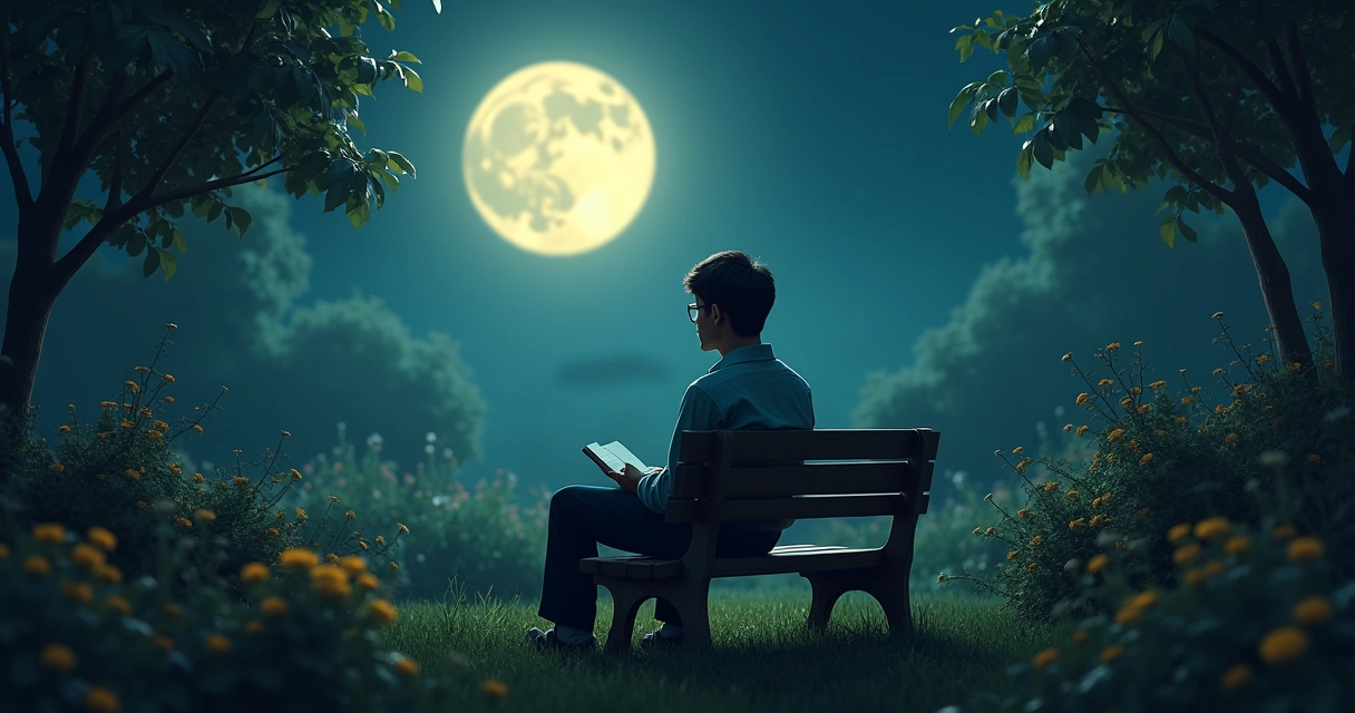 Pessoa sentada refletindo sozinha em um jardim à noite 