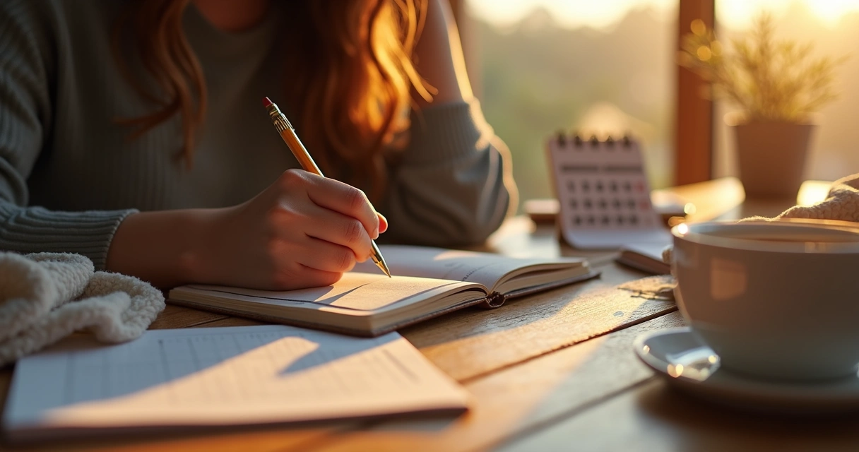 Pessoa escrevendo reflexões mensais em um caderno 