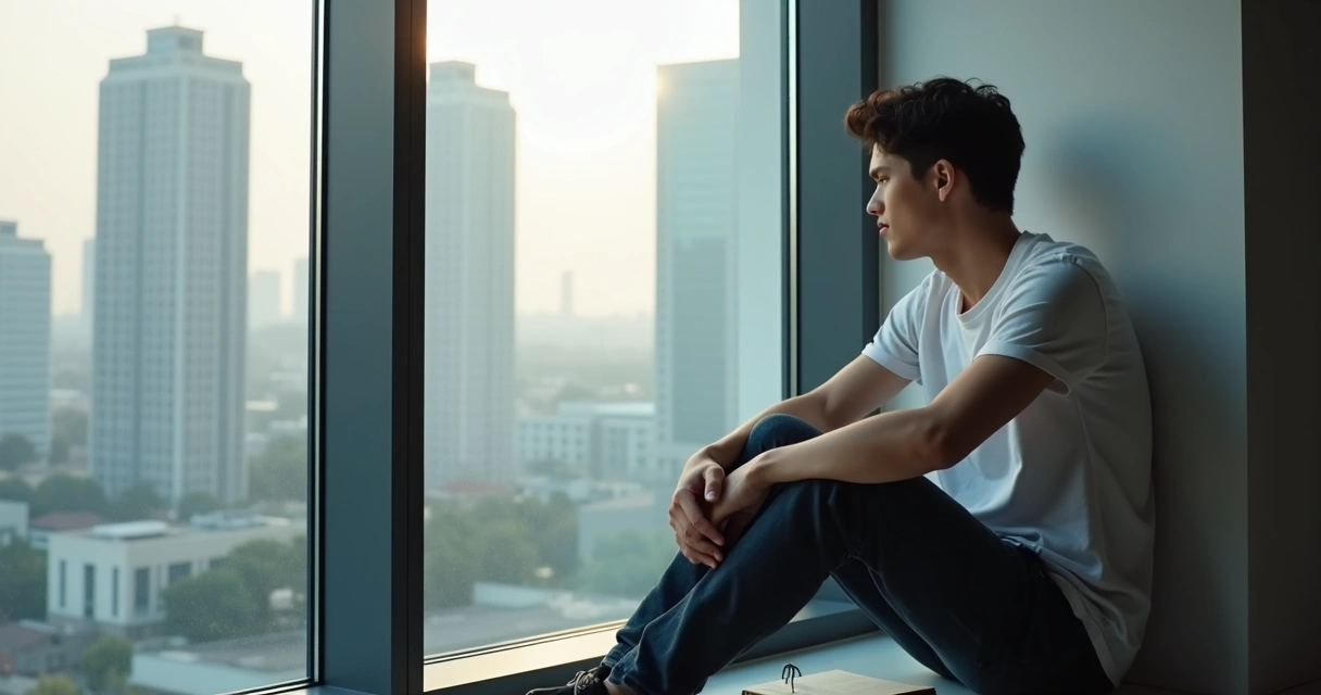 Pessoa sentada ao lado de janela olhando para fora, fundo moderno e urbano 