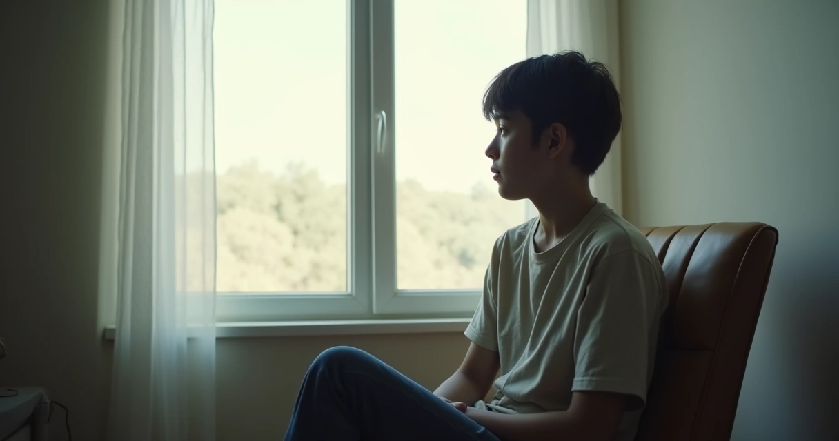 Pessoa sentada olhando para uma janela em um momento de reflexão