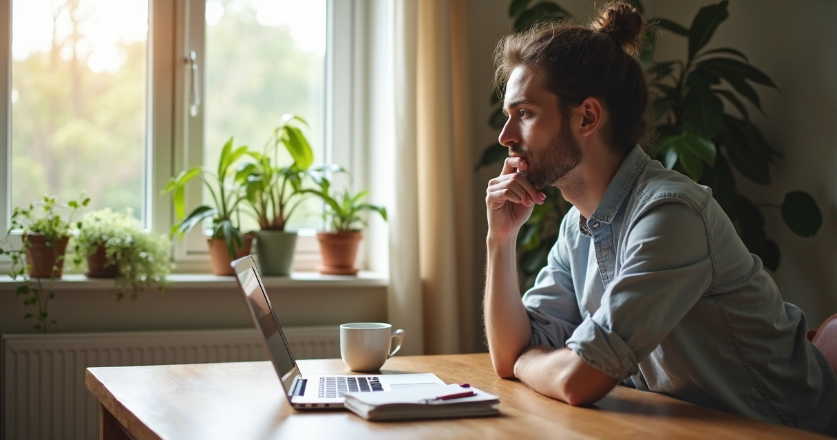 Profissional refletindo na mesa, trabalhando de casa 