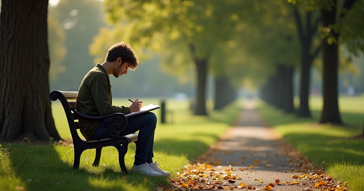 Pessoa sentada em um banco, refletindo em meio à natureza 