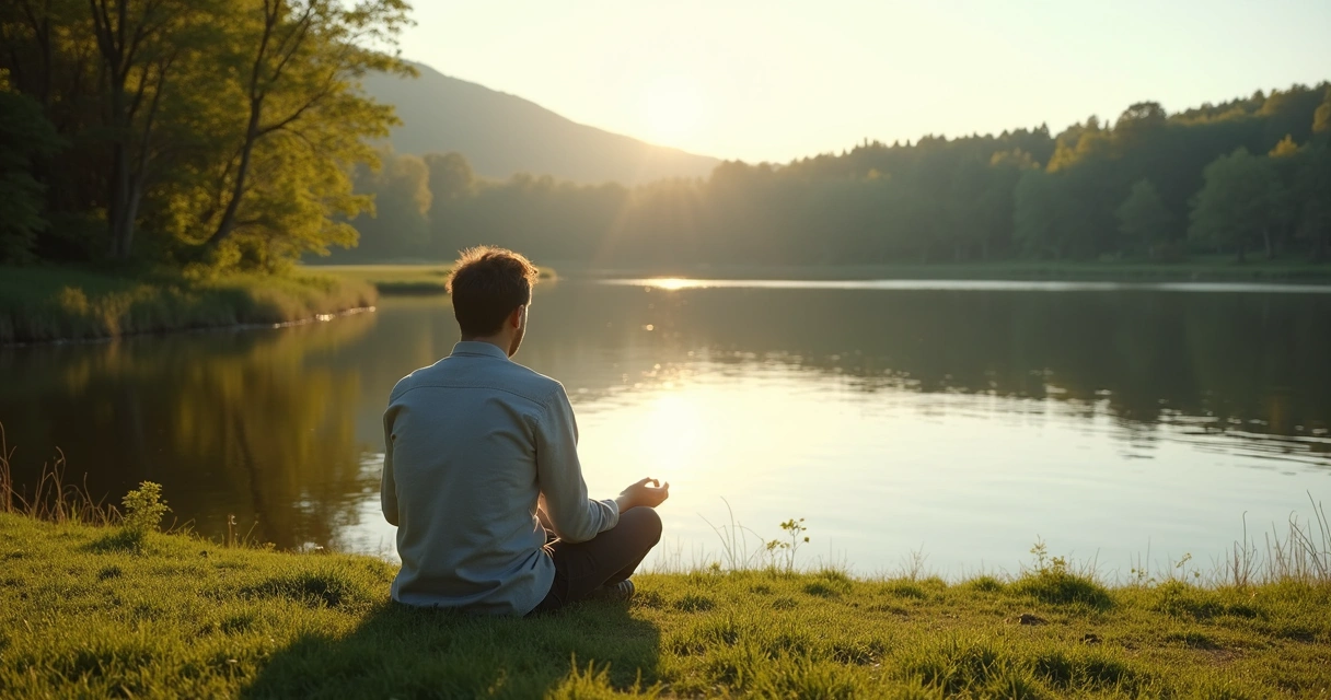 Pessoa sentada diante de lago em meio à natureza refletindo