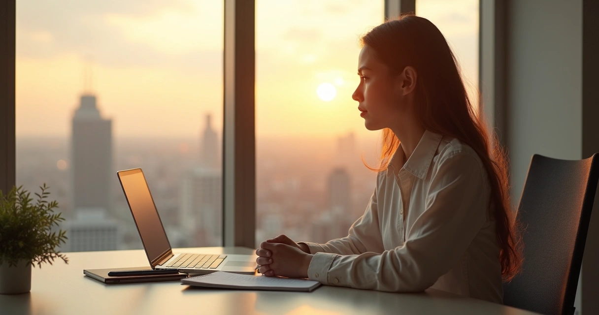 Pessoa sentada em escritório olhando pela janela com expressão pensativa diante de novos desafios profissionais 