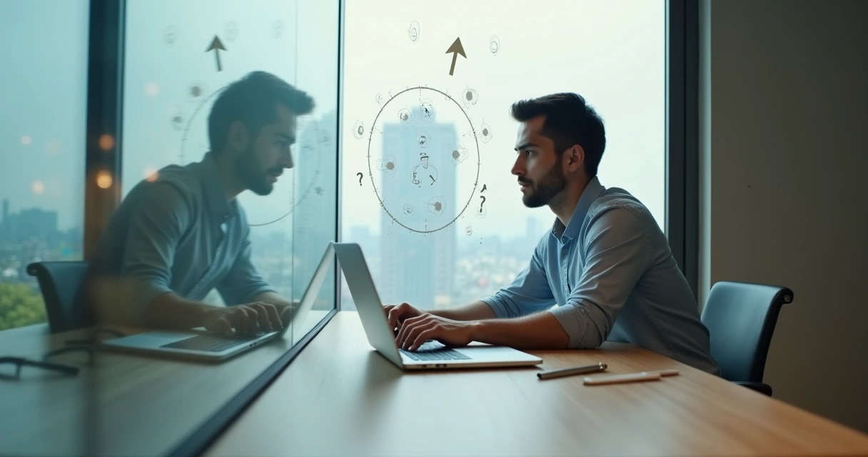 Pessoa observando reflexo com múltiplos padrões emocionais em um ambiente de decisão 