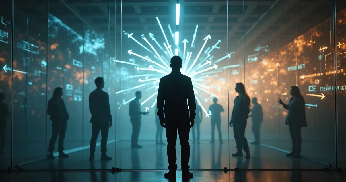 Pessoa refletindo diante de caminhos diferentes em ambiente escuro e iluminado 