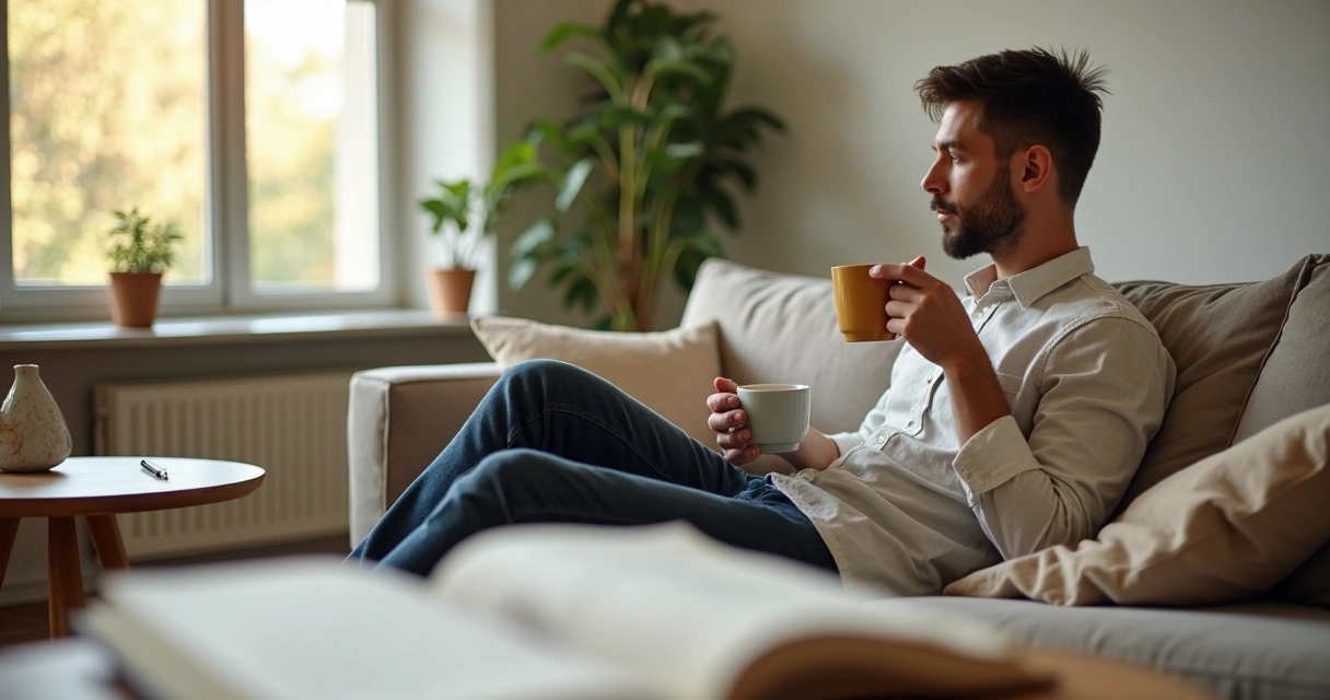 Pessoa sentada em sofá olhando pela janela em momento de reflexão profunda 