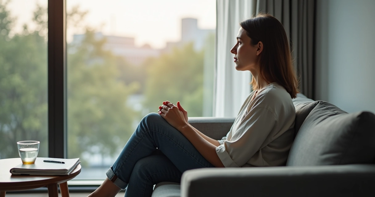 Pessoa sentada no sofá olhando pela janela em reflexão silenciosa 