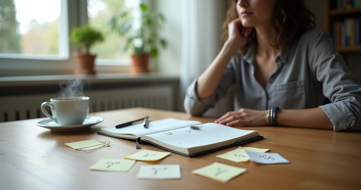 Pessoa sentada à mesa refletindo sobre perguntas antes de tomar uma decisão 