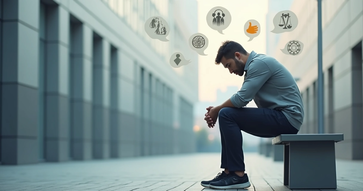 Pessoa sentada refletindo cercada por símbolos de pressão social e expectativas coletivas 