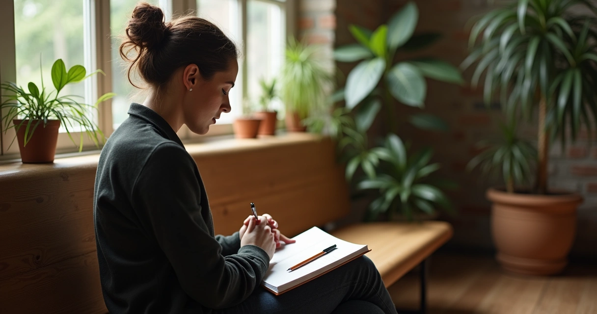 Pessoa sentada em silêncio refletindo sobre seu propósito de vida, com um caderno aberto ao lado 