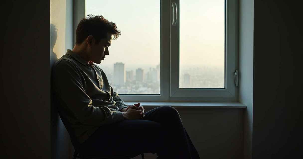 Pessoa sozinha sentada próximo à janela, olhando pensativa para fora, com luz suave iluminando a cena 