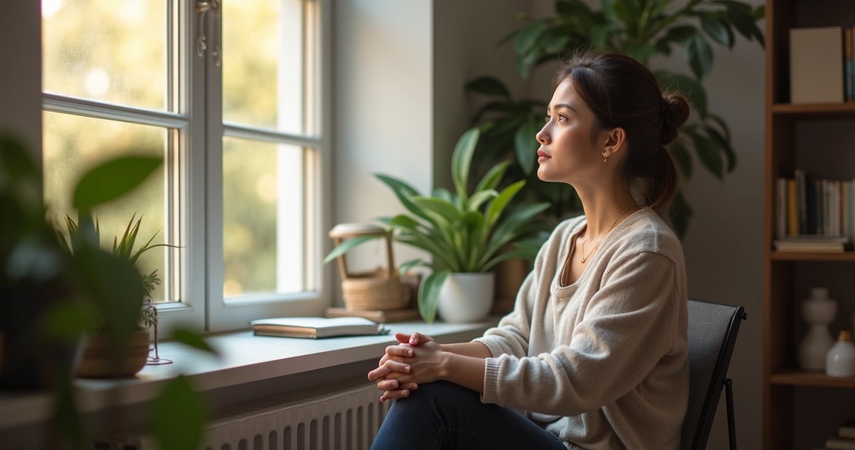 Profissional sentado na janela refletindo, luz suave, expressão tranquila 