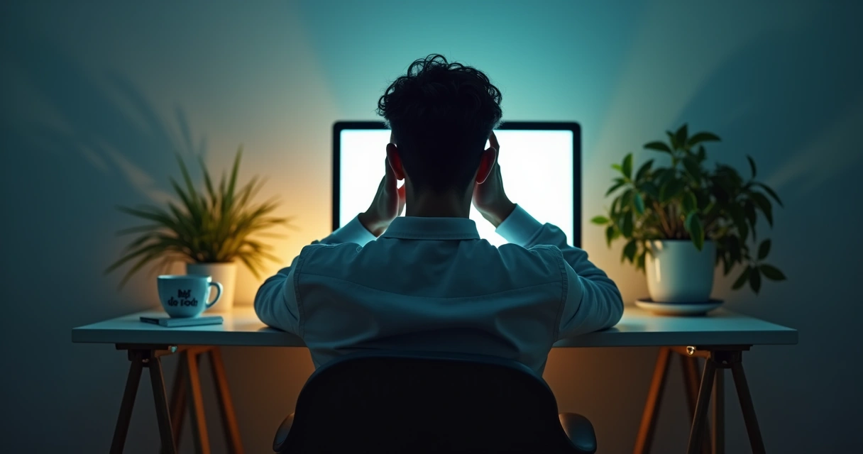 Pessoa sentada refletindo em frente ao notebook 