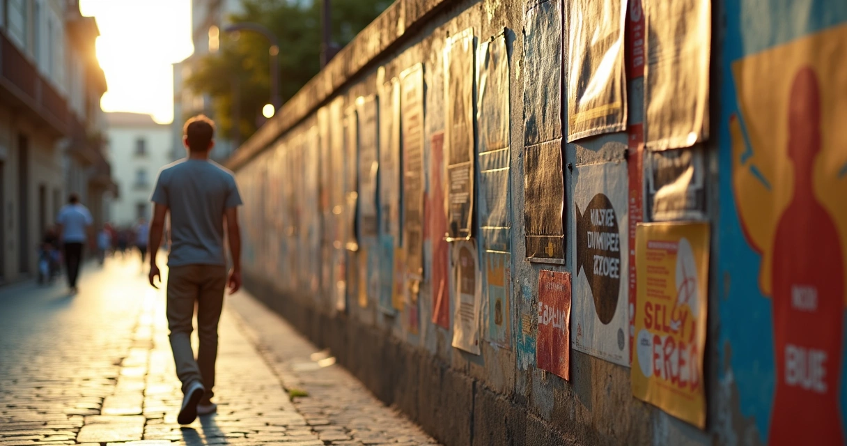 Pessoa caminhando em mural urbano cheio de símbolos sociais e frases em debate 