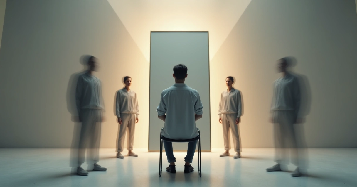 Pessoa refletindo diante de espelho com versões de si ao redor 