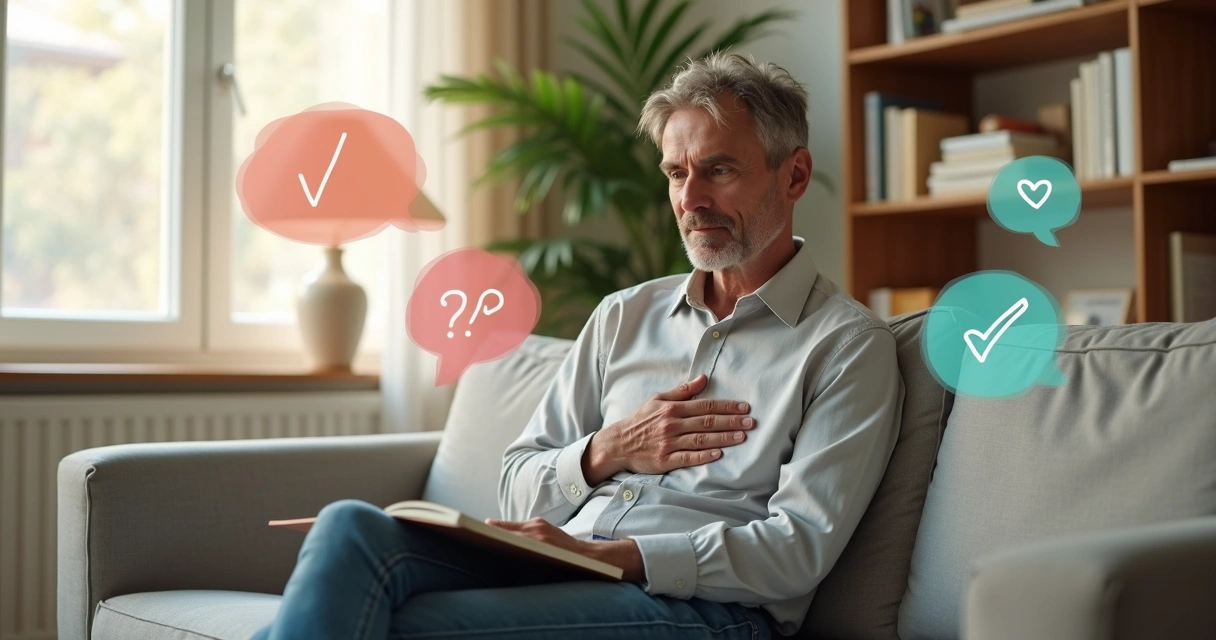 Pessoa sentada refletindo com expressão calma diante de símbolos de críticas ao redor 