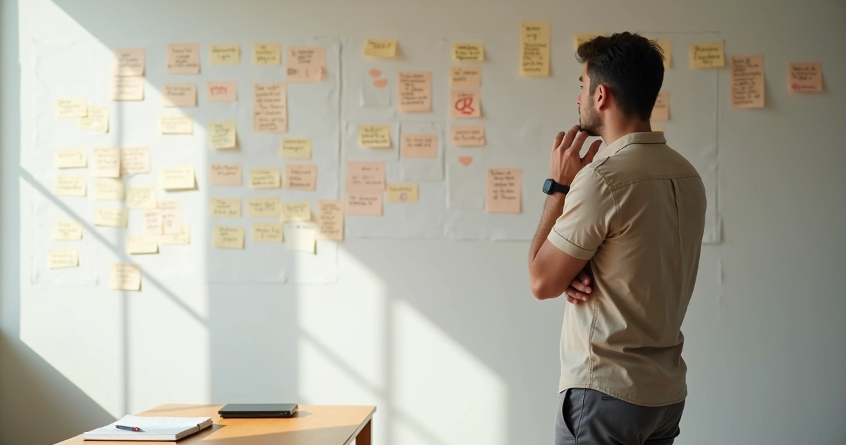 Pessoa adulta em pé diante de mural com post-its de críticas refletindo com postura serena 