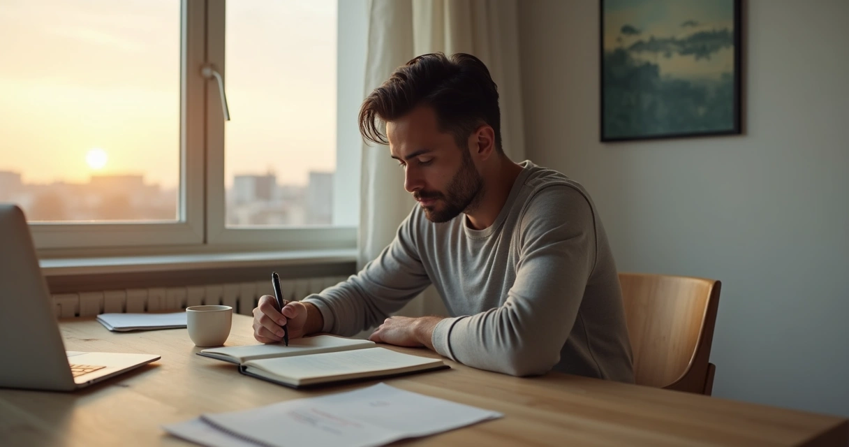 Pessoa sentada em frente a janela segurando um caderno e refletindo 