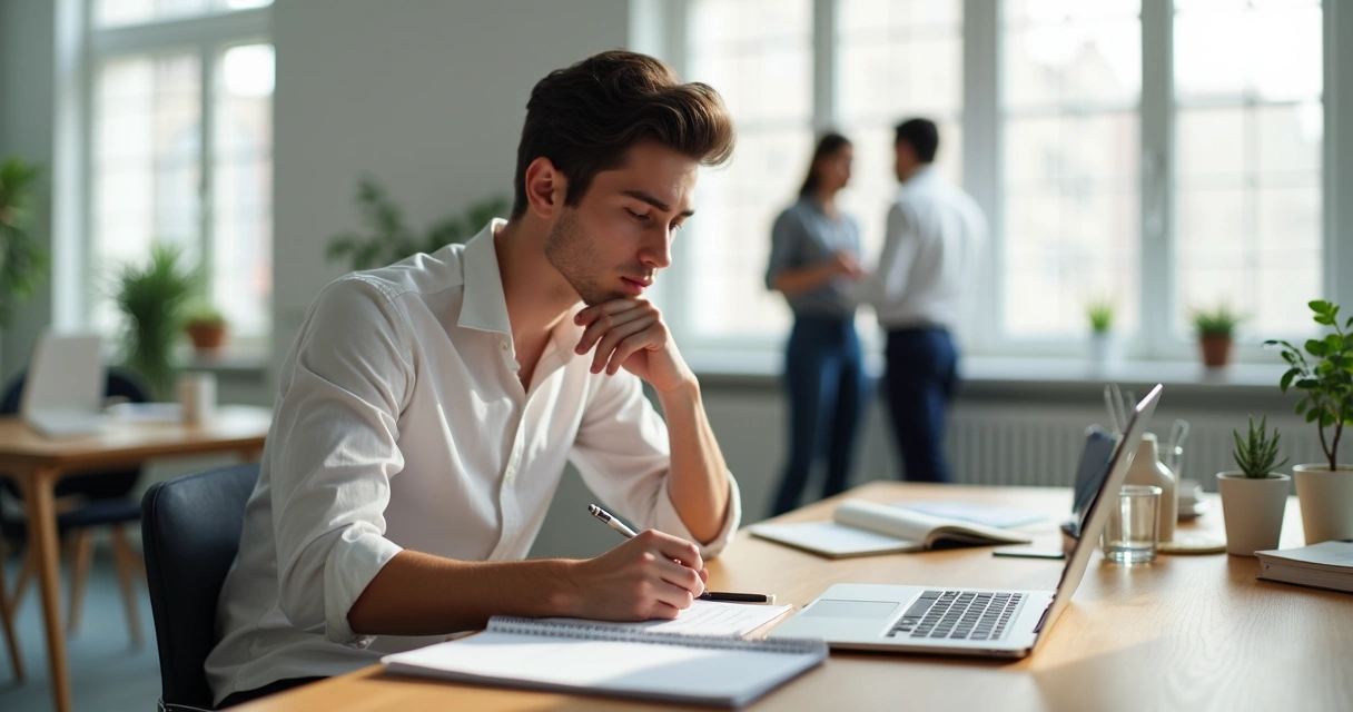 Pessoa refletindo calmamente após receber críticas em um ambiente de trabalho moderno 