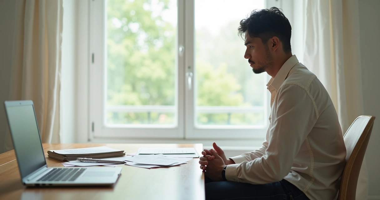 Pessoa sentada em cadeira olhando pela janela em momento de reflexão tranquila 