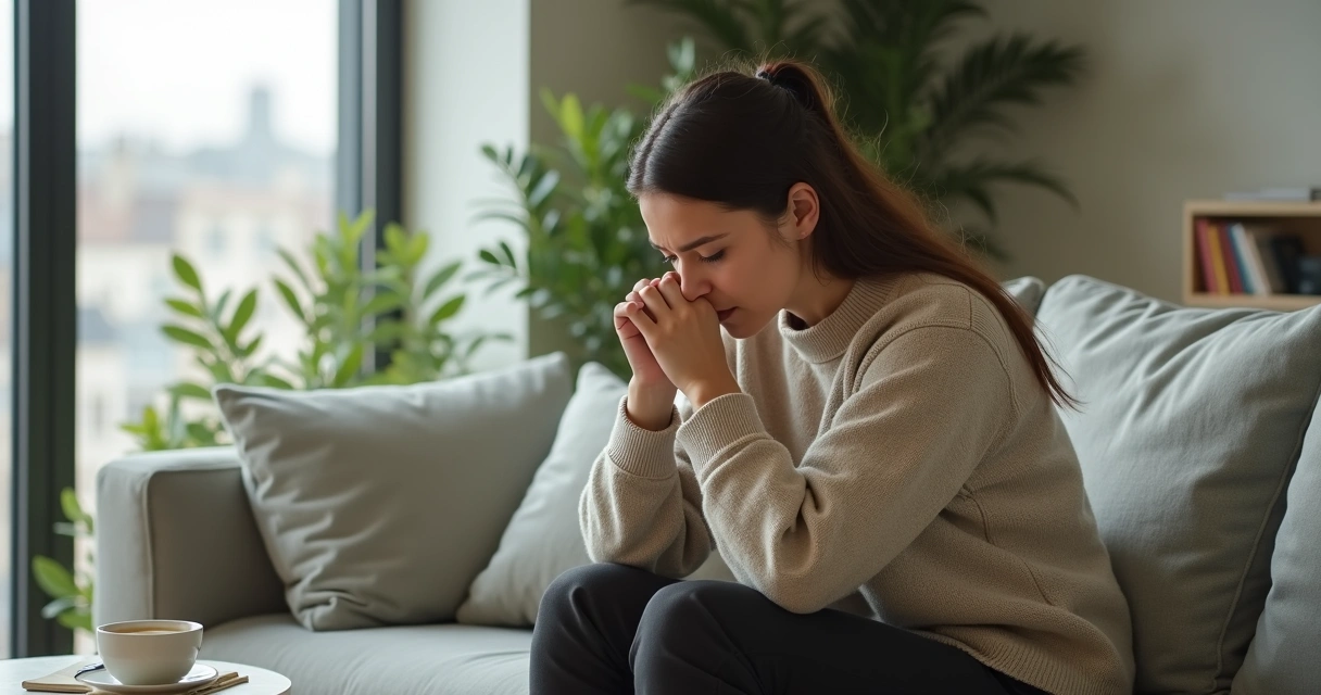 Pessoa sentada em sofá com expressão pensativa em sala iluminada softly 