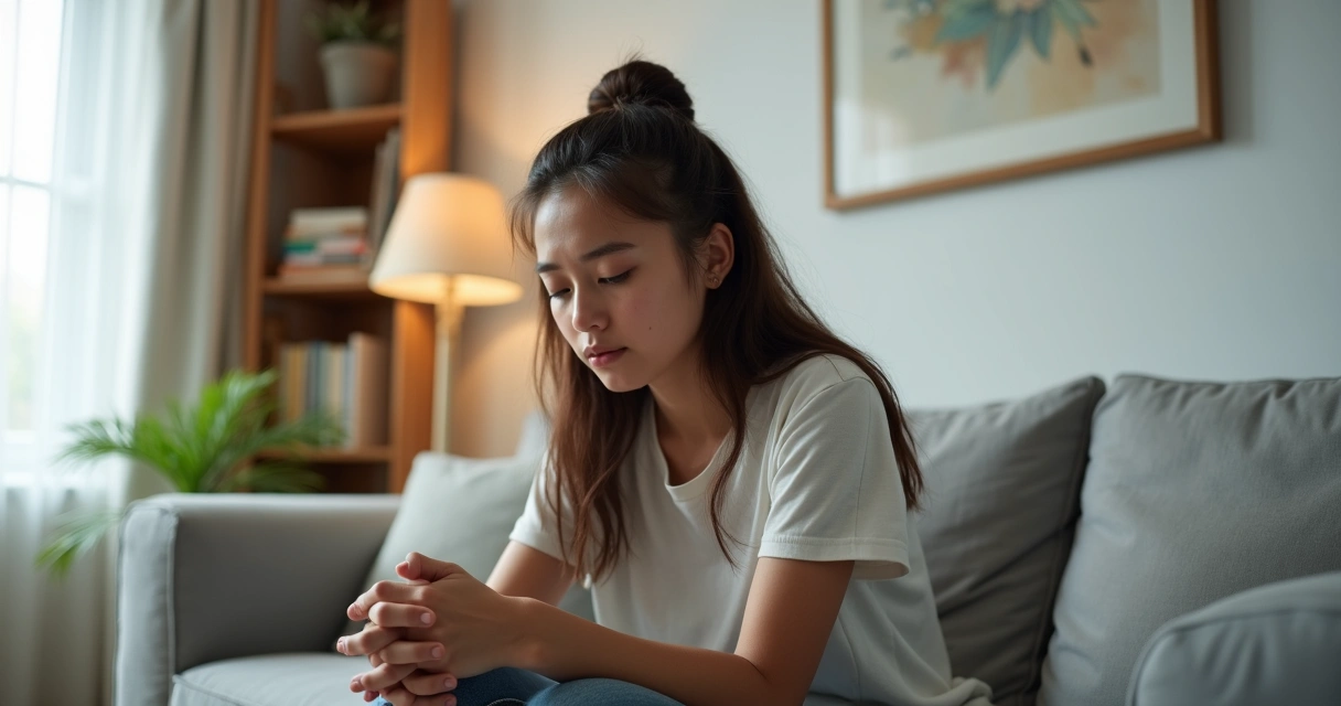 Pessoa sentada no sofá refletindo com expressão serena em ambiente acolhedor 