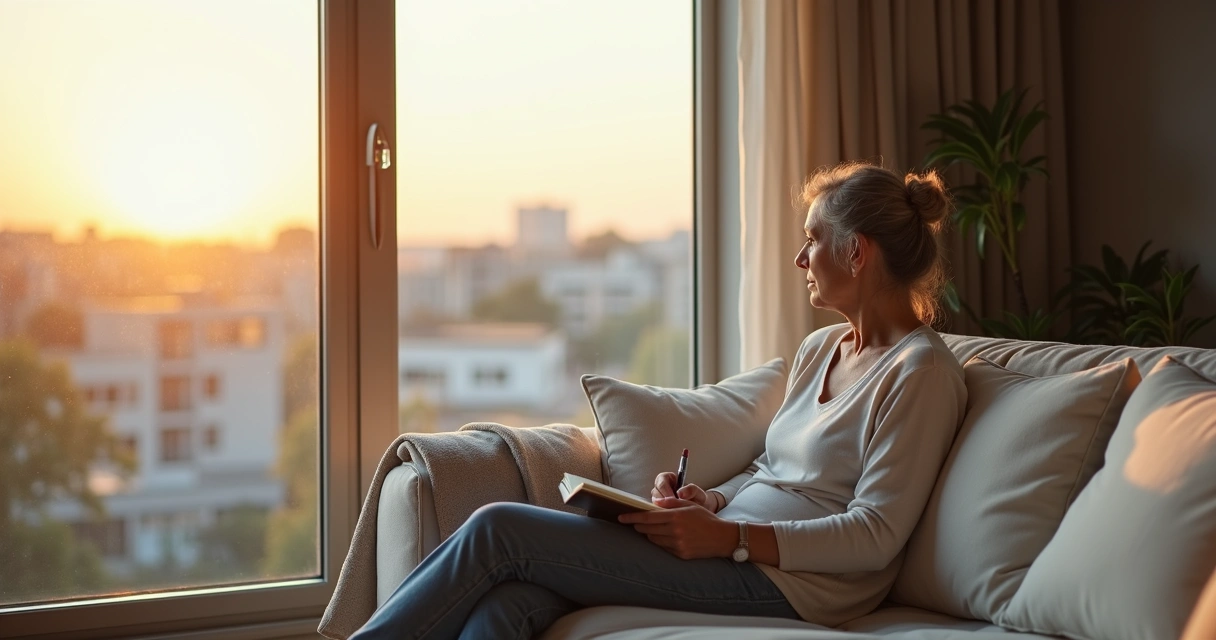 Pessoa adulta sentada em sofá olhando pela janela em momento de reflexão tranquila 
