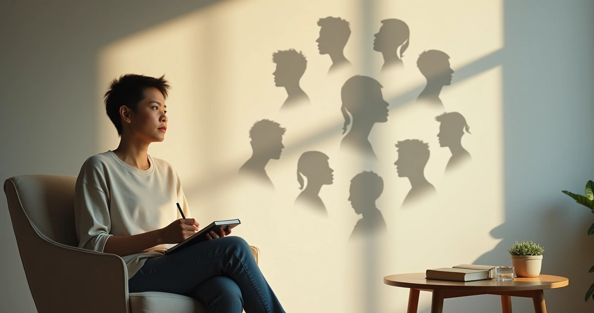 Pessoa sentada em silêncio refletindo com nove expressões emocionais ao fundo 