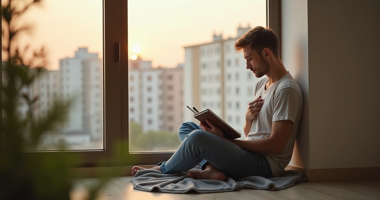 Pessoa sentada encostada na janela com luz suave refletindo sobre as próprias emoções 