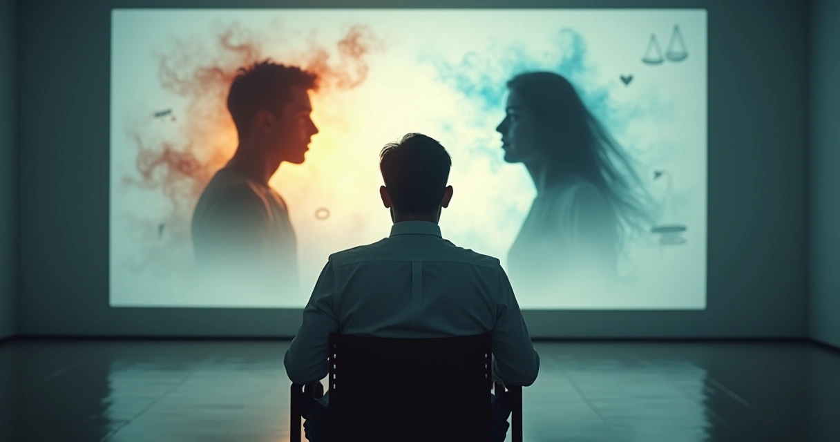 Pessoa diante de duas silhuetas internas representando conflito emocional e ético 