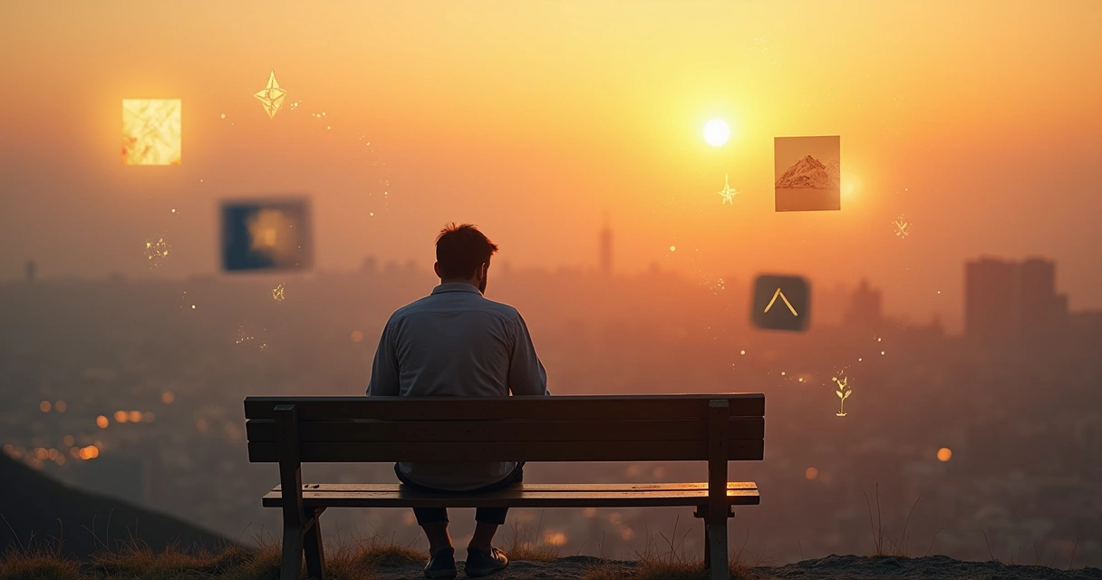 Pessoa sentada sozinha em um banco refletindo sobre seus erros ao pôr do sol 