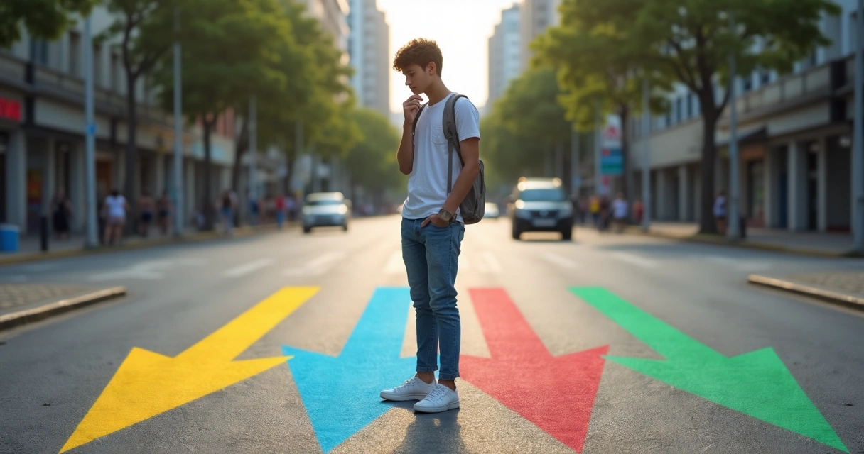 Pessoa em frente a várias setas coloridas no chão escolhendo um caminho 