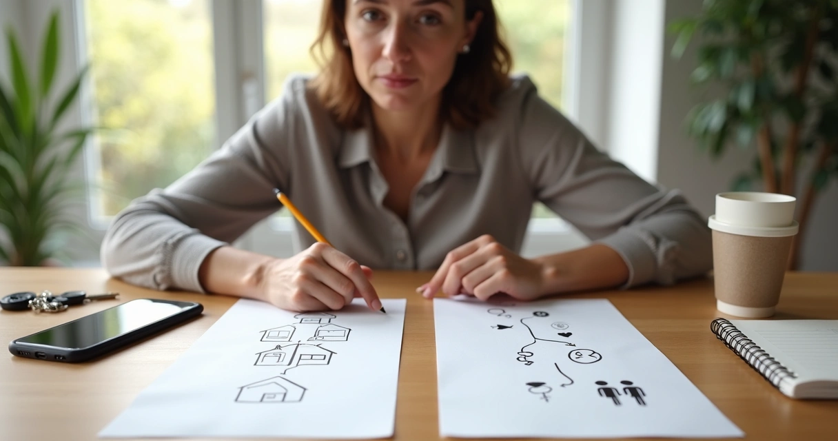 Pessoa sentada à mesa olhando para dois caminhos desenhados em folhas de papel 