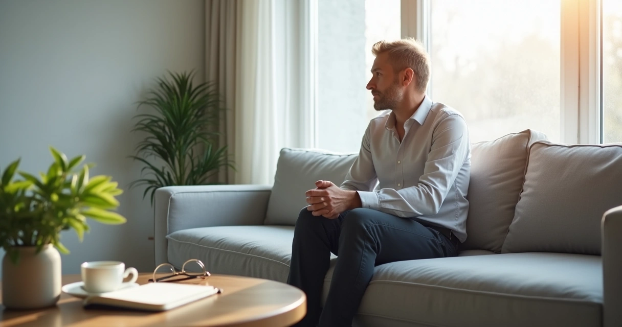 Pessoa sentada em sofá olhando pela janela em atitude reflexiva 