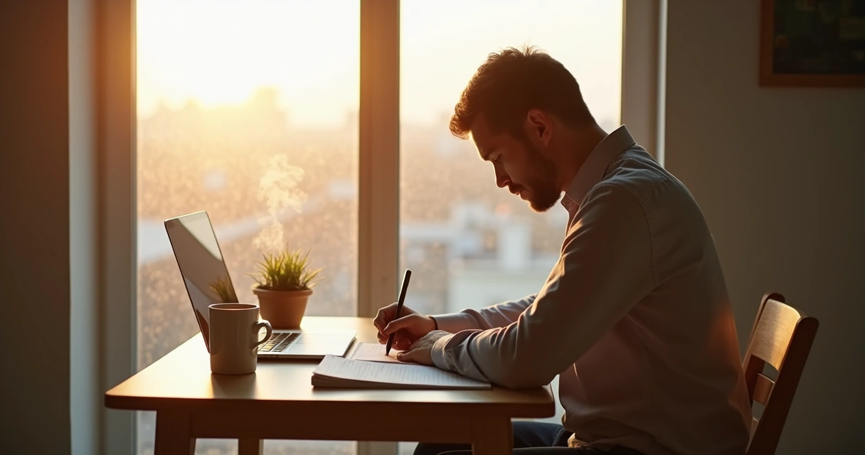 Pessoa sentada perto da janela refletindo e escrevendo em caderno 