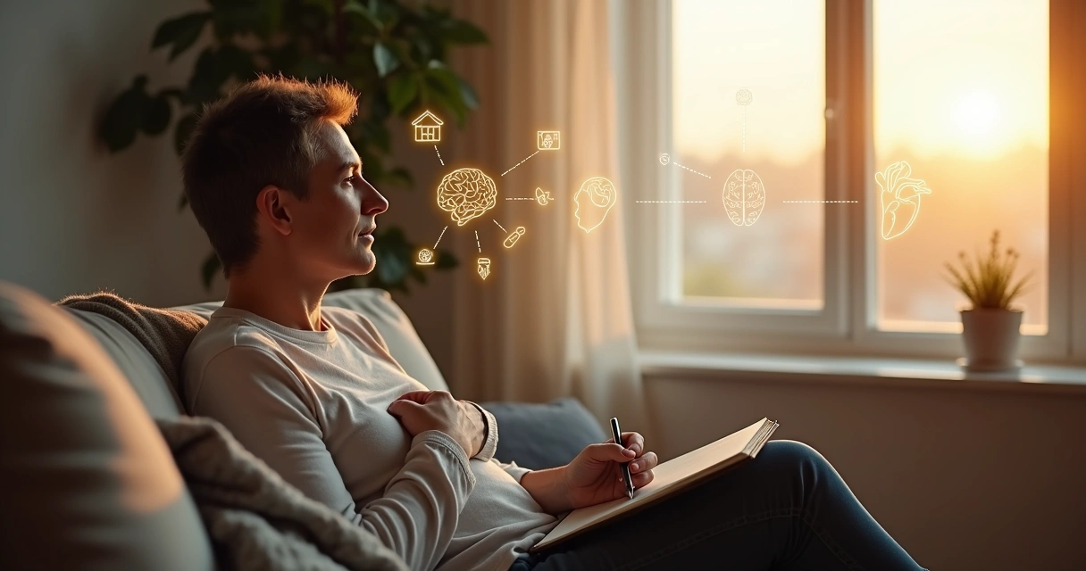 Pessoa sentada olhando pela janela com linhas ligando lembranças e emoções em volta da cabeça 