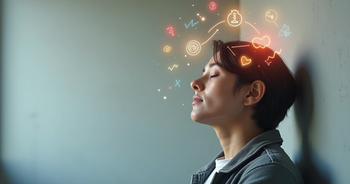 Pessoa encostada em parede com ilustrações de gatilhos mentais ao redor da cabeça 