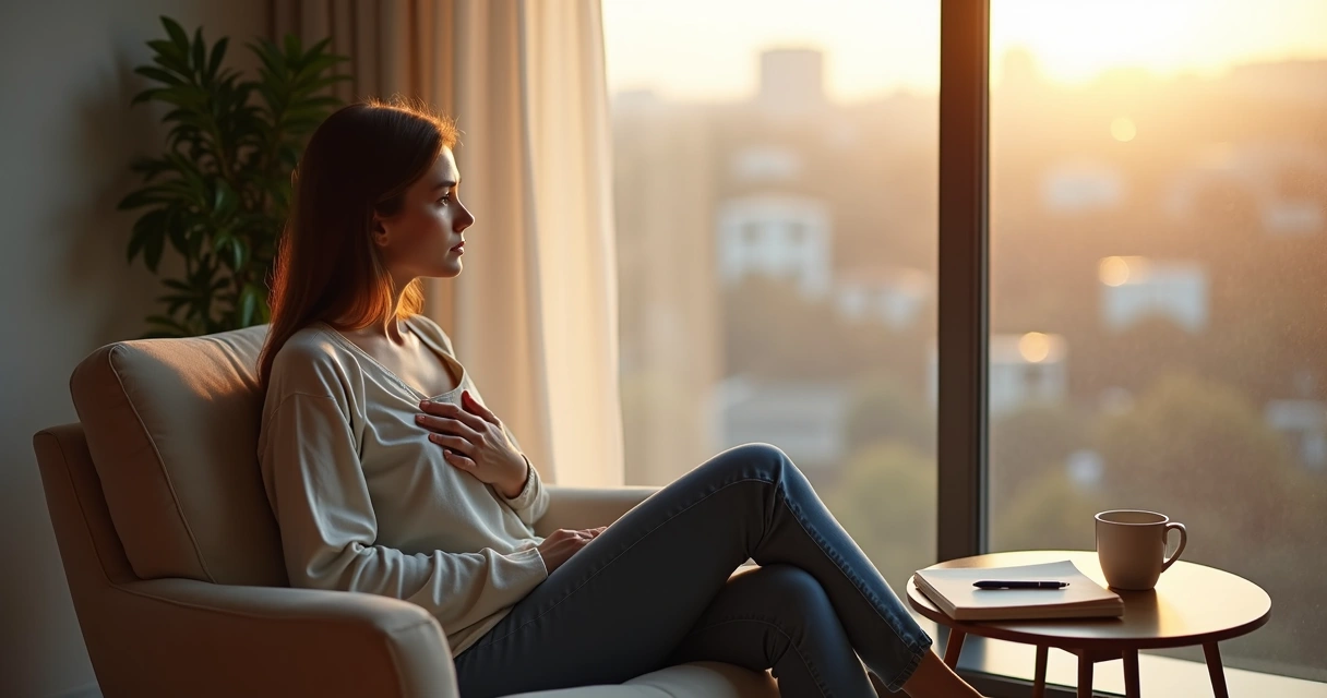 Pessoa sentada olhando pela janela em momento de reflexão interior 