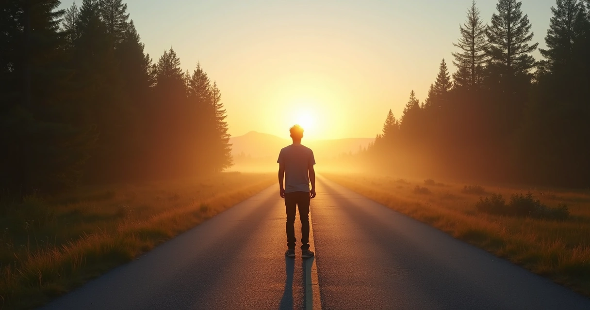 Pessoa em pé diante de estrada se dividindo em dois caminhos 