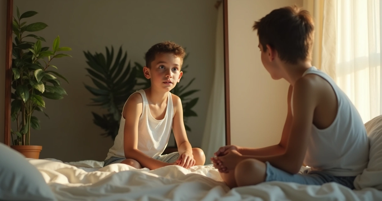 Pessoa sentada olhando para o espelho em reflexão