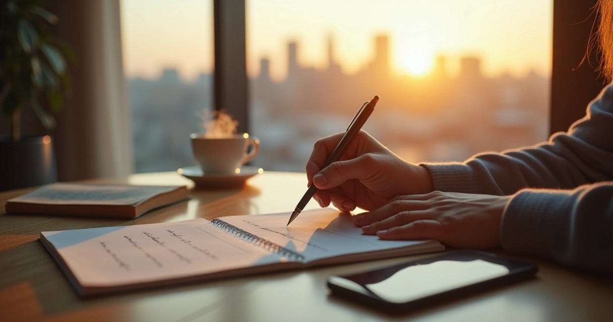 Pessoa sentada perto da janela refletindo sobre prioridades da vida com caderno na mão 