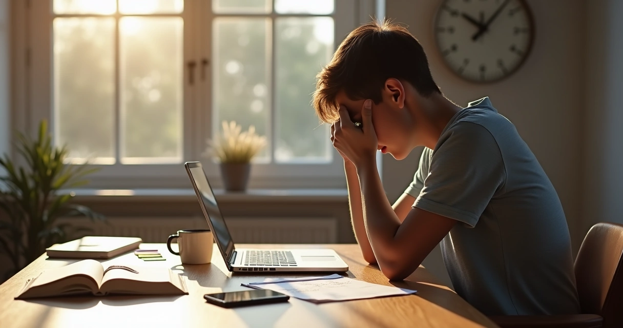 Pessoa sentada à mesa encarando tarefas enquanto reflete sobre a procrastinação 
